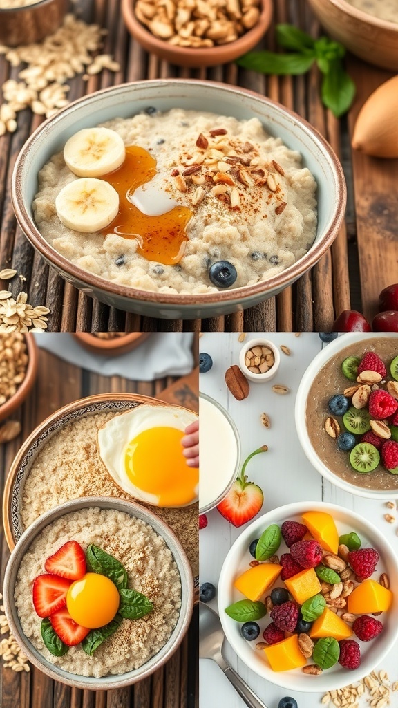 A collage of different oatmeal dishes including classic oatmeal with banana, savory oatmeal with spinach, and colorful fruit-topped oatmeal.